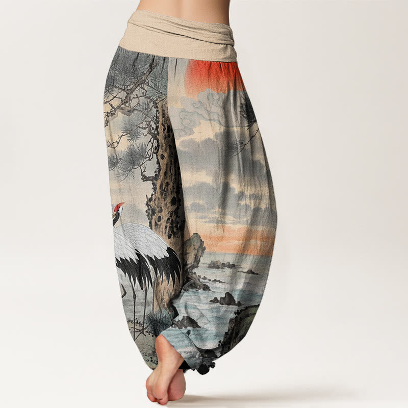 Pantalones harén con cintura elástica para mujer, con estampado de grulla de corona roja y árbol solar, estilo casual, con Buddha Stones - image 2