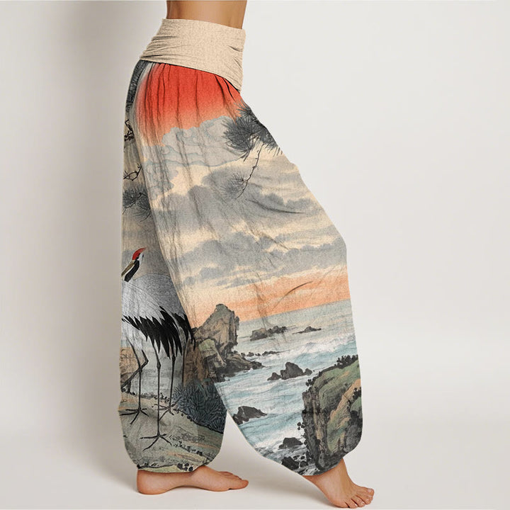 Pantalones harén con cintura elástica para mujer, con estampado de grulla de corona roja y árbol solar, estilo casual, con Buddha Stones - image 3