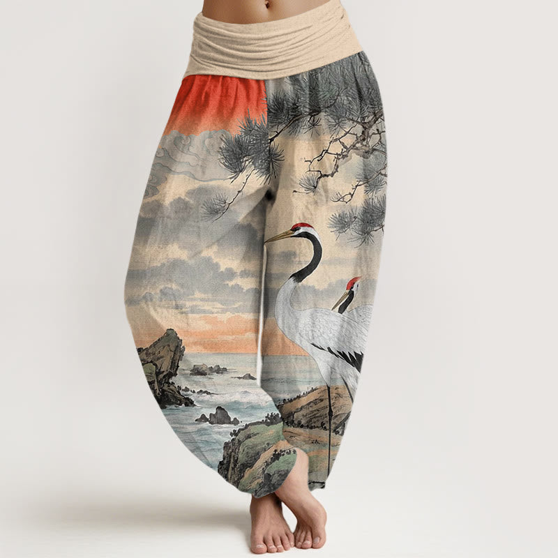 Pantalones harén con cintura elástica para mujer, con estampado de grulla de corona roja y árbol solar, estilo casual, con Buddha Stones - Vara de oro pálida - US22，UK/AU26，EU54 (6XL) - image 1