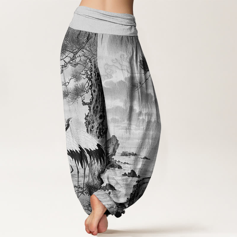 Pantalones harén con cintura elástica para mujer, con estampado de grulla de corona roja y árbol solar, estilo casual, con Buddha Stones - image 6