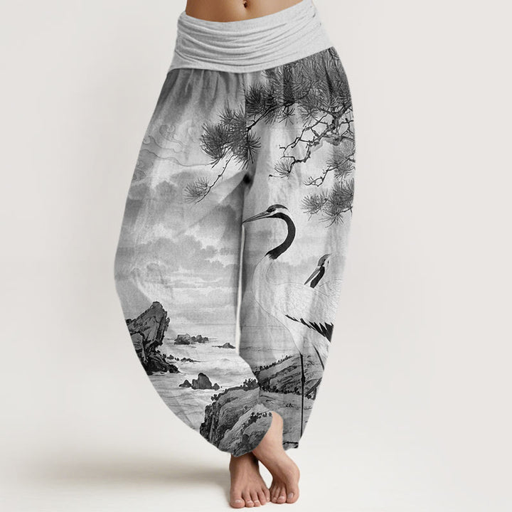 Pantalones harén con cintura elástica para mujer, con estampado de grulla de corona roja y árbol solar, estilo casual, con Buddha Stones - Gris claro - US22，UK/AU26，EU54 (6XL) - image 5