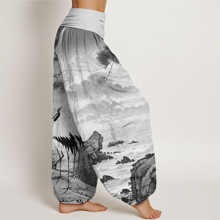 Pantalones harén con cintura elástica para mujer, con estampado de grulla de corona roja y árbol solar, estilo casual, con Buddha Stones - image 7