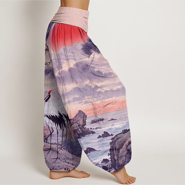 Pantalones harén con cintura elástica para mujer, con estampado de grulla de corona roja y árbol solar, estilo casual, con Buddha Stones - image 10