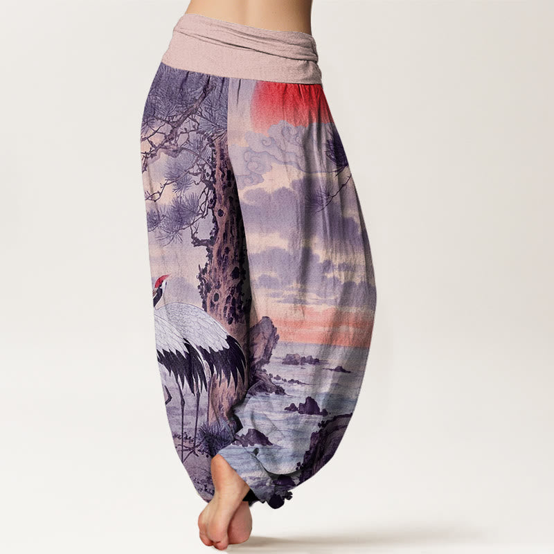 Pantalones harén con cintura elástica para mujer, con estampado de grulla de corona roja y árbol solar, estilo casual, con Buddha Stones - image 9