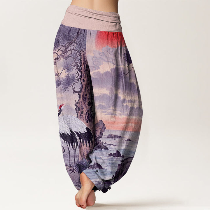 Pantalones harén con cintura elástica para mujer, con estampado de grulla de corona roja y árbol solar, estilo casual, con Buddha Stones - image 9