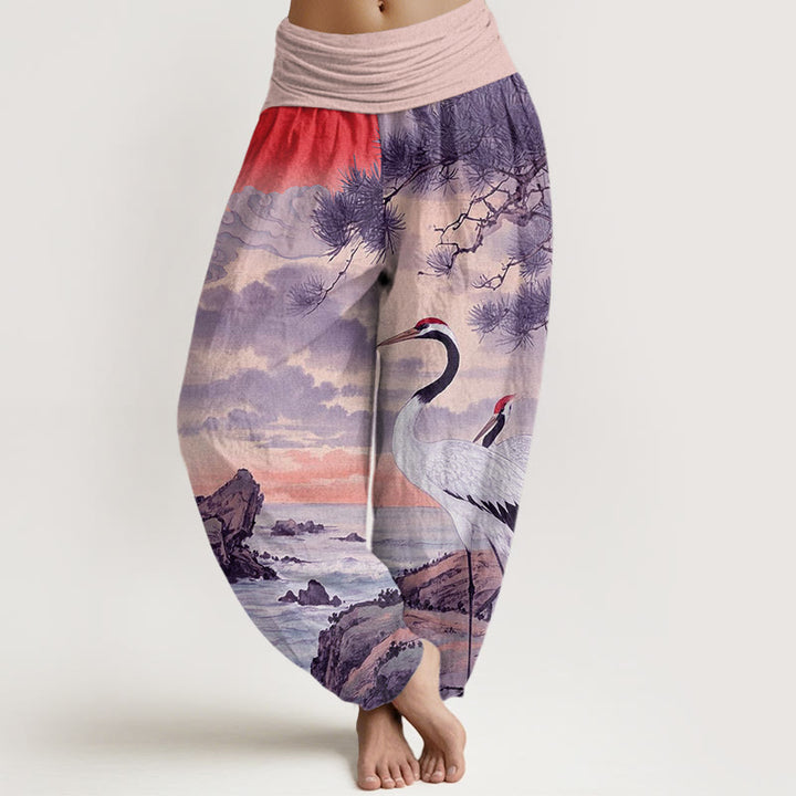 Pantalones harén con cintura elástica para mujer, con estampado de grulla de corona roja y árbol solar, estilo casual, con Buddha Stones - Rosa claro - US22，UK/AU26，EU54 (6XL) - image 8
