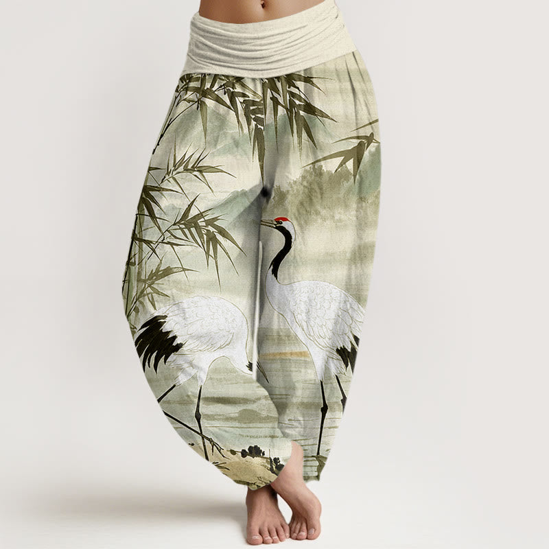 Pantalones harén de cintura elástica para mujer con diseño de grulla de corona roja y hojas de bambú y montaña - Verde pálido - US22，UK/AU26，EU54 (6XL) - image 8