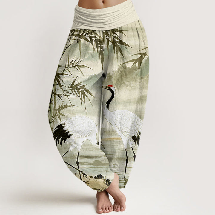 Pantalones harén de cintura elástica para mujer con diseño de grulla de corona roja y hojas de bambú y montaña - Verde pálido - US22，UK/AU26，EU54 (6XL) - image 8