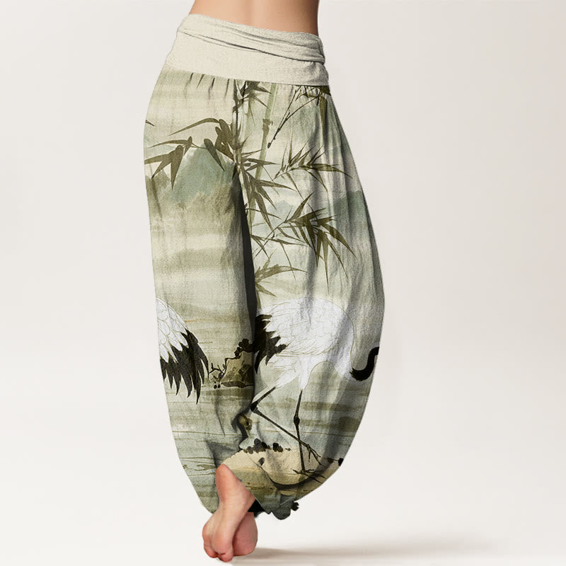 Pantalones harén de cintura elástica para mujer con diseño de grulla de corona roja y hojas de bambú y montaña - image 9