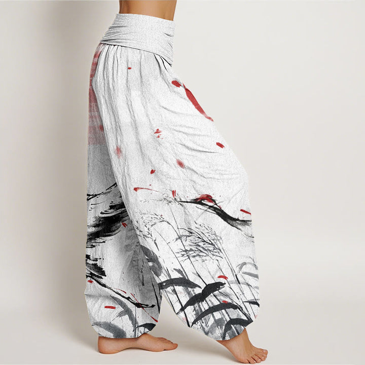 Pantalones harén con cintura elástica para mujer, informales, con estampado de grullas rojas y cañas de corona roja, con Buddha Stones - image 3