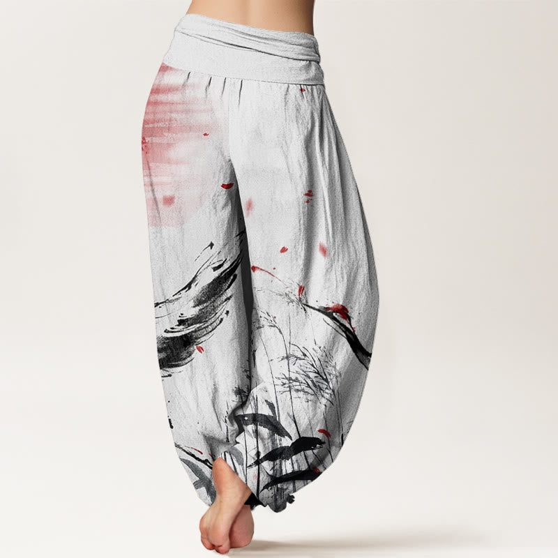 Pantalones harén con cintura elástica para mujer, informales, con estampado de grullas rojas y cañas de corona roja, con Buddha Stones - image 1