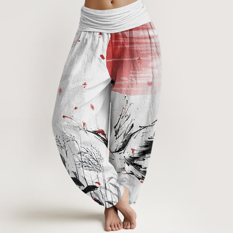 Pantalones harén con cintura elástica para mujer, informales, con estampado de grullas rojas y cañas de corona roja, con Buddha Stones - Blanco fantasma - US22，UK/AU26，EU54 (6XL) - image 0