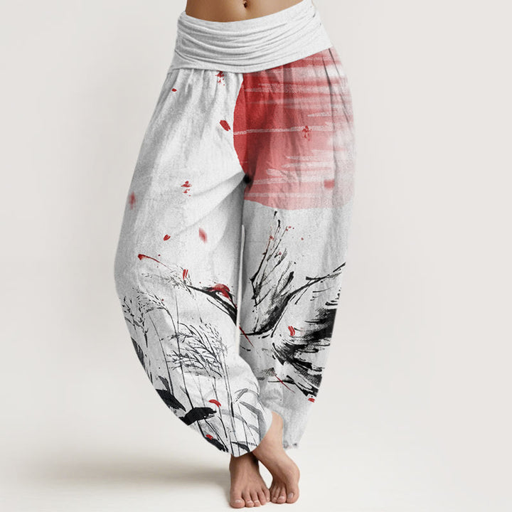 Pantalones harén con cintura elástica para mujer, informales, con estampado de grullas rojas y cañas de corona roja, con Buddha Stones - Blanco fantasma - US22，UK/AU26，EU54 (6XL) - image 0