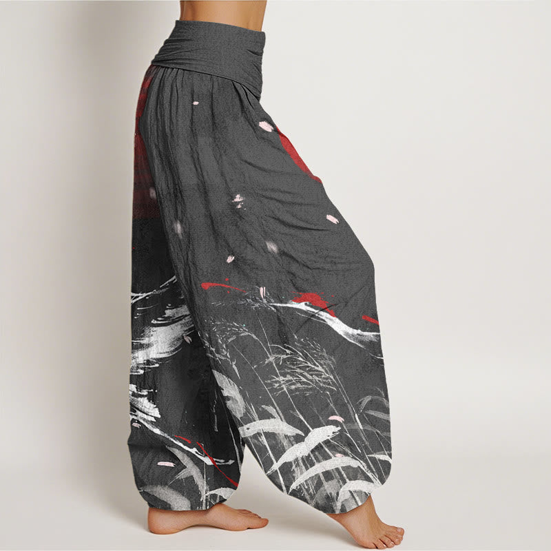 Pantalones harén con cintura elástica para mujer, informales, con estampado de grullas rojas y cañas de corona roja, con Buddha Stones - image 7