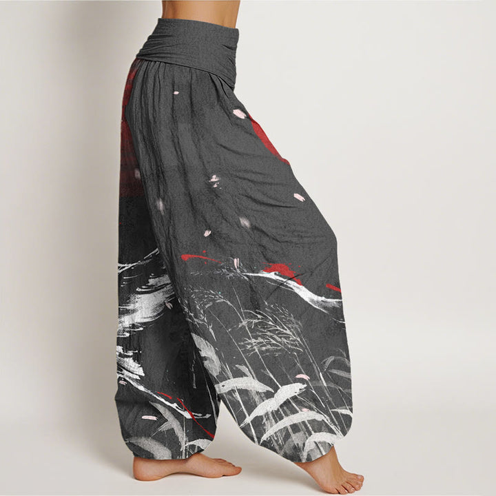 Pantalones harén con cintura elástica para mujer, informales, con estampado de grullas rojas y cañas de corona roja, con Buddha Stones - image 7
