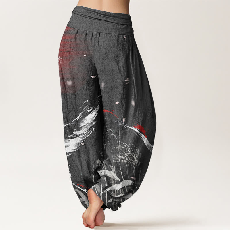 Pantalones harén con cintura elástica para mujer, informales, con estampado de grullas rojas y cañas de corona roja, con Buddha Stones - image 5