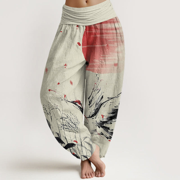Pantalones harén con cintura elástica para mujer, informales, con estampado de grullas rojas y cañas de corona roja, con Buddha Stones - Vara de oro pálida - US22，UK/AU26，EU54 (6XL) - image 8