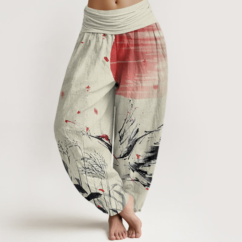 Pantalones harén con cintura elástica para mujer, informales, con estampado de grullas rojas y cañas de corona roja, con Buddha Stones - Vara de oro pálida - US22，UK/AU26，EU54 (6XL) - image 7