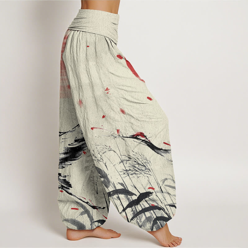 Pantalones bombachos de cintura elástica para mujer, de algodón, estilo casual, con estampado de grullas y junco de corona roja, de Buddha Stones Cotton. - image 9
