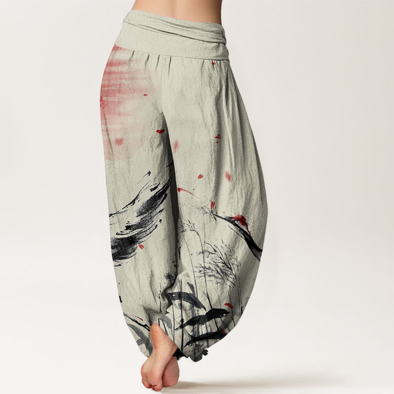 Pantalones harén con cintura elástica para mujer, informales, con estampado de grullas rojas y cañas de corona roja, con Buddha Stones - image 9