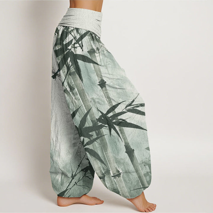 Pantalones harén con cintura elástica para mujer, con estampado de libélula y hojas de bambú y Buddha Stones - image 2