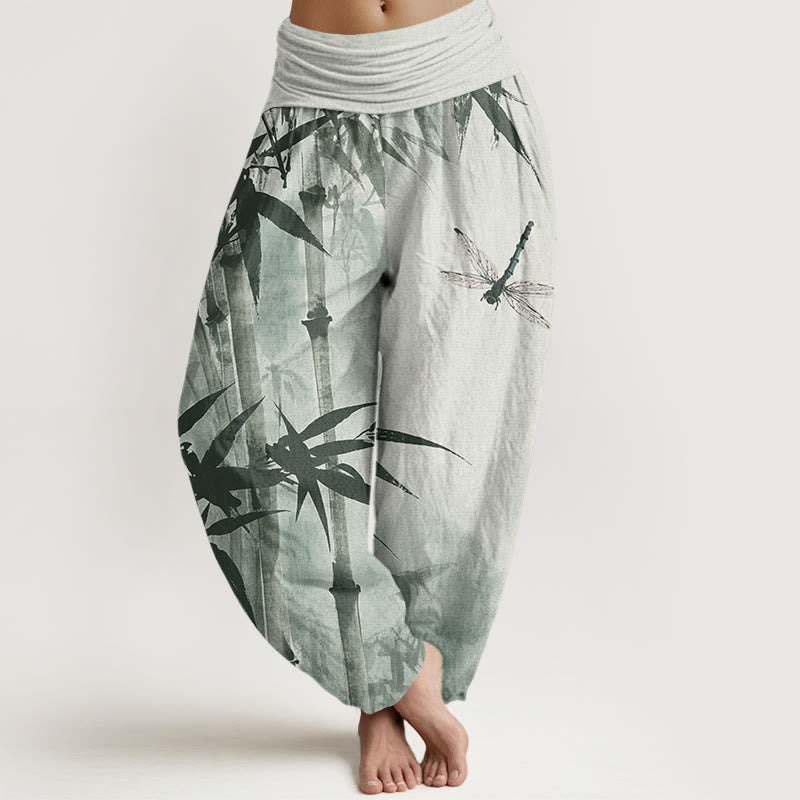 Pantalones harén con cintura elástica para mujer, con estampado de libélula y hojas de bambú y Buddha Stones - Verde claro - US22，UK/AU26，EU54 (6XL) - image 0