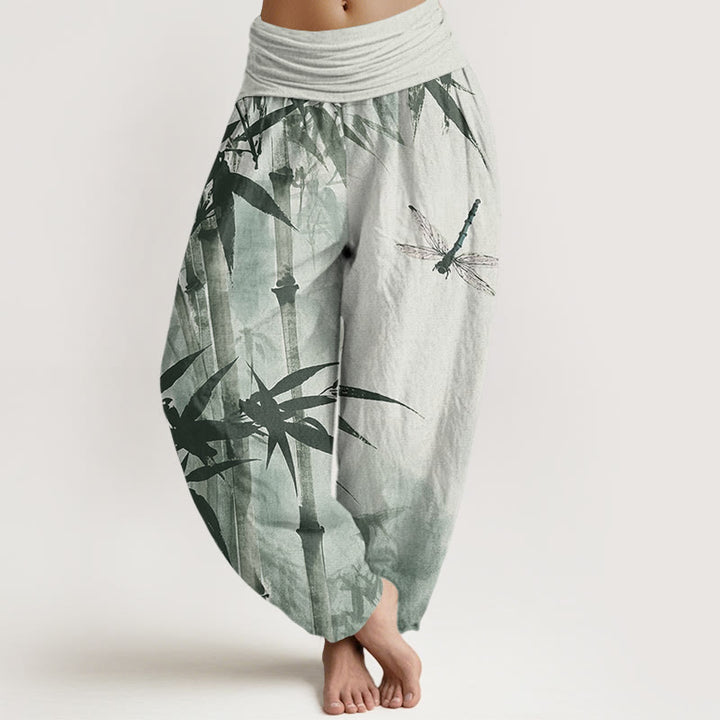 Pantalones harén con cintura elástica para mujer, con estampado de libélula y hojas de bambú y Buddha Stones - Verde claro - US22，UK/AU26，EU54 (6XL) - image 0