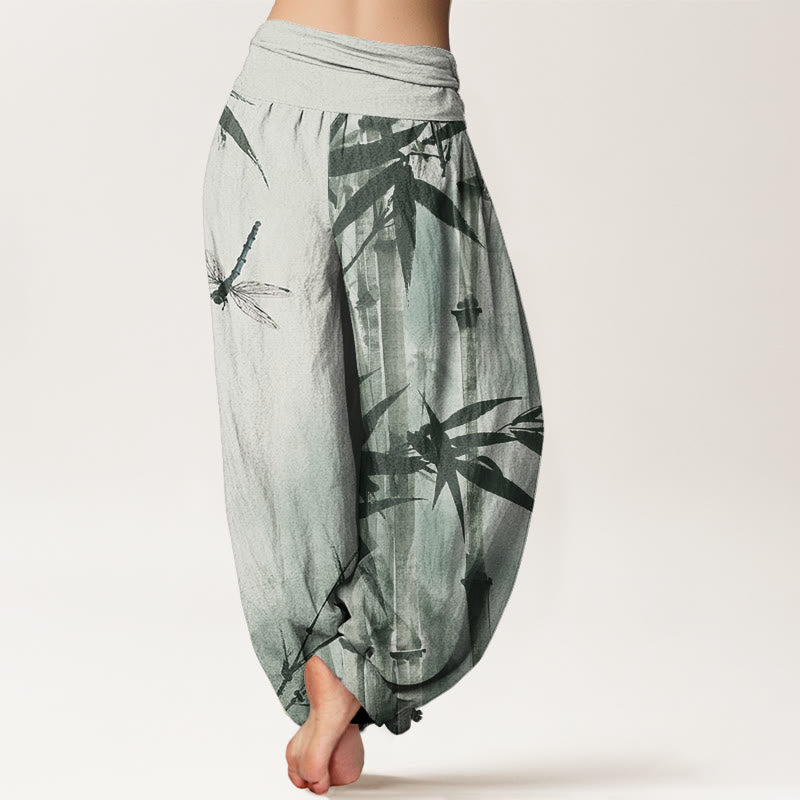 Pantalones harén con cintura elástica para mujer, con estampado de libélula y hojas de bambú y Buddha Stones - image 1