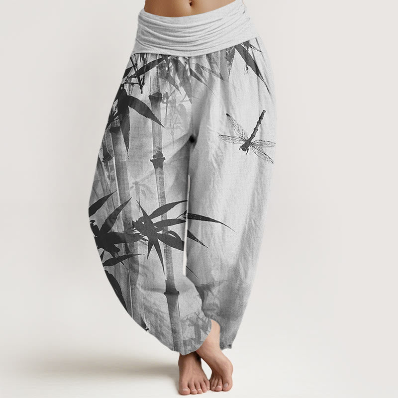 Pantalones harén con cintura elástica para mujer, con estampado de libélula y hojas de bambú y Buddha Stones - Plata - US22，UK/AU26，EU54 (6XL) - image 5