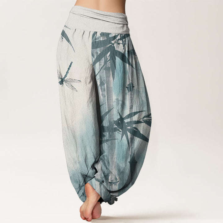 Pantalones harén con cintura elástica para mujer, con estampado de libélula y hojas de bambú y Buddha Stones - image 8