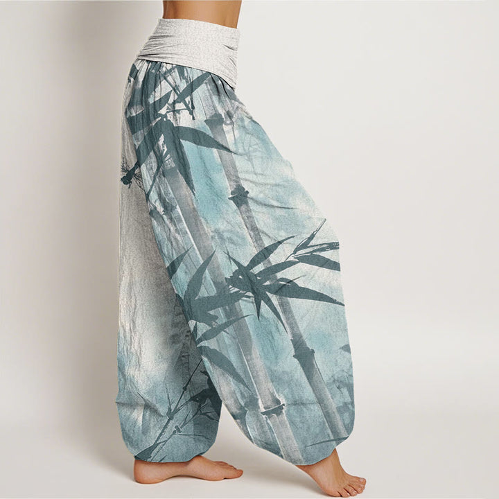 Pantalones harén con cintura elástica para mujer, con estampado de libélula y hojas de bambú y Buddha Stones - image 10
