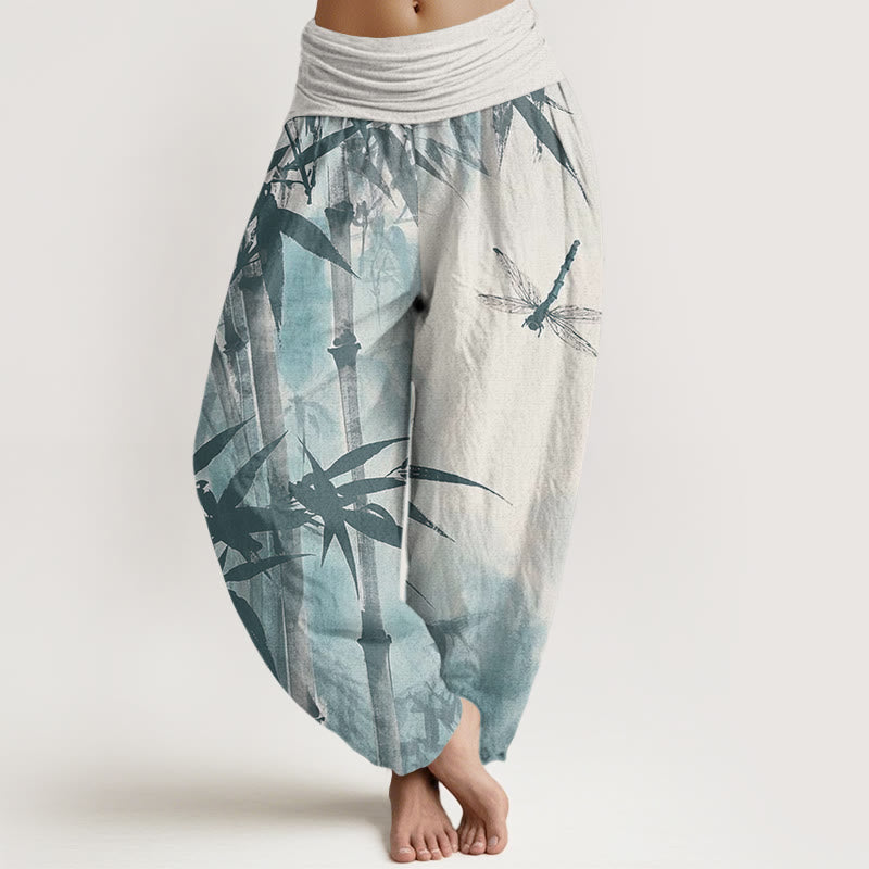 Pantalones harén con cintura elástica para mujer, con estampado de libélula y hojas de bambú y Buddha Stones - Lino - US22，UK/AU26，EU54 (6XL) - image 8