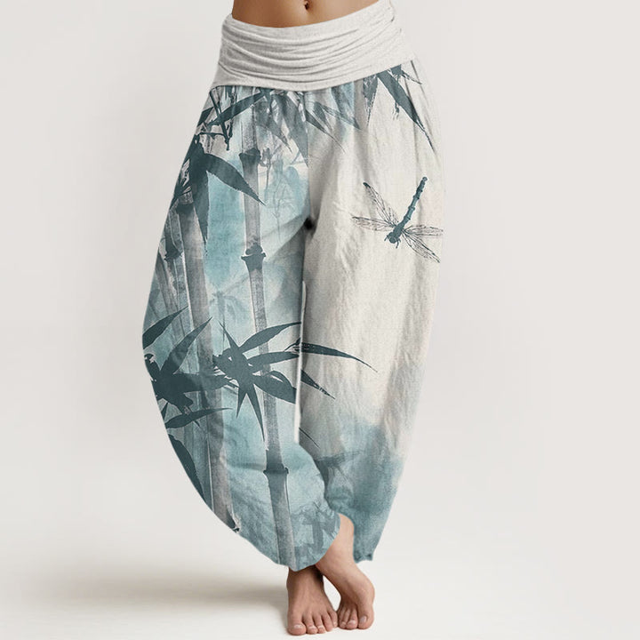 Pantalones harén con cintura elástica para mujer, con estampado de libélula y hojas de bambú y Buddha Stones - Lino - US22，UK/AU26，EU54 (6XL) - image 8
