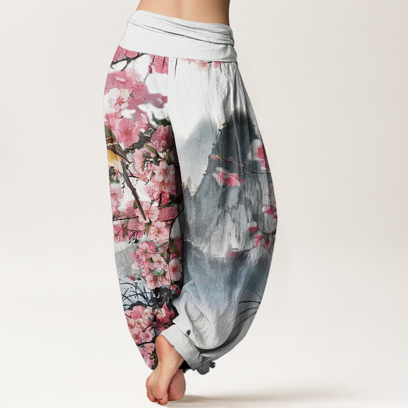 Pantalones harén con cintura elástica para mujer, con estampado de Buddha Stones, pájaros, flores de cerezo y montañas - image 1