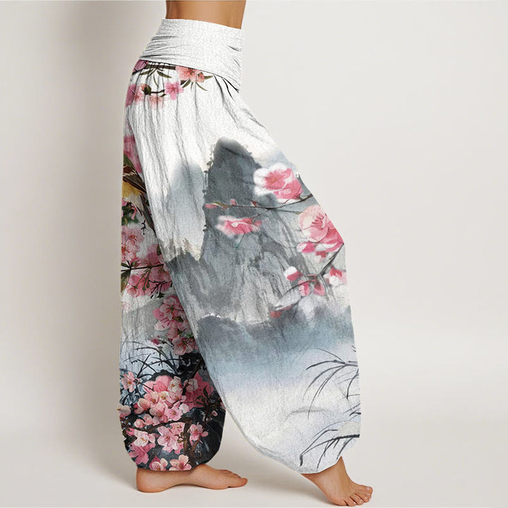 Pantalones bombachos de cintura elástica para mujer con estampado de Buddha Stones, pájaros, flores de cerezo y montañas. - image 2