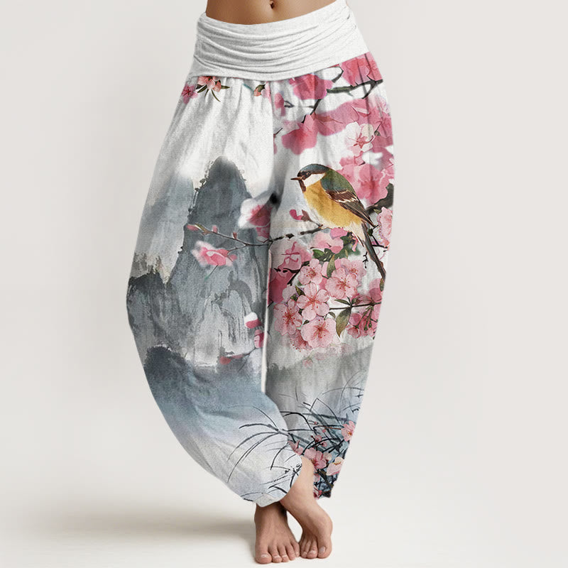 Pantalones harén con cintura elástica para mujer, con estampado de Buddha Stones, pájaros, flores de cerezo y montañas - Gris - US22，UK/AU26，EU54 (6XL) - image 0