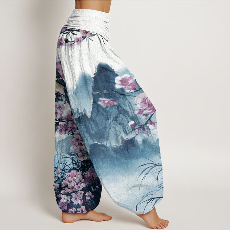 Pantalones bombachos de cintura elástica para mujer con estampado de Buddha Stones, pájaros, flores de cerezo y montañas. - image 6