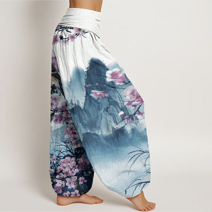 Pantalones bombachos de cintura elástica para mujer con estampado de Buddha Stones, pájaros, flores de cerezo y montañas. - image 6