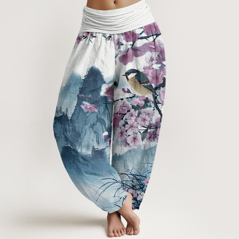 Pantalones harén con cintura elástica para mujer, con estampado de Buddha Stones, pájaros, flores de cerezo y montañas - Azul medio - US22，UK/AU26，EU54 (6XL) - image 5