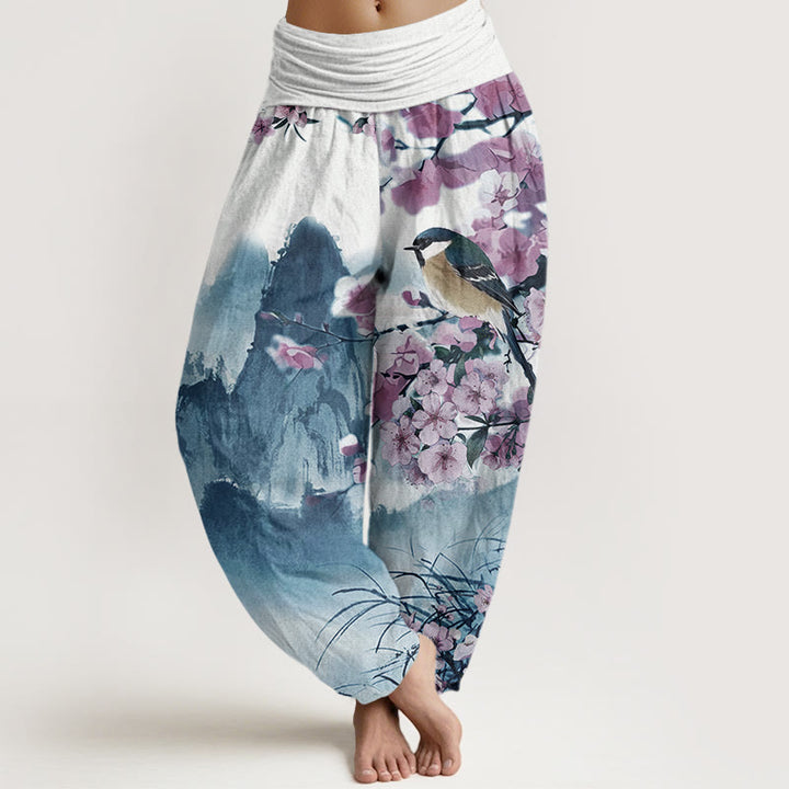 Pantalones harén con cintura elástica para mujer, con estampado de Buddha Stones, pájaros, flores de cerezo y montañas - Azul medio - US22，UK/AU26，EU54 (6XL) - image 5