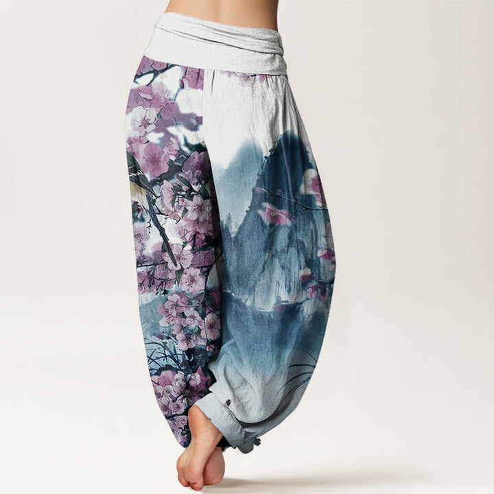 Pantalones harén con cintura elástica para mujer, con estampado de Buddha Stones, pájaros, flores de cerezo y montañas - image 6
