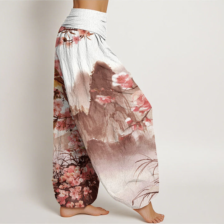 Pantalones harén con cintura elástica para mujer, con estampado de Buddha Stones, pájaros, flores de cerezo y montañas - image 9