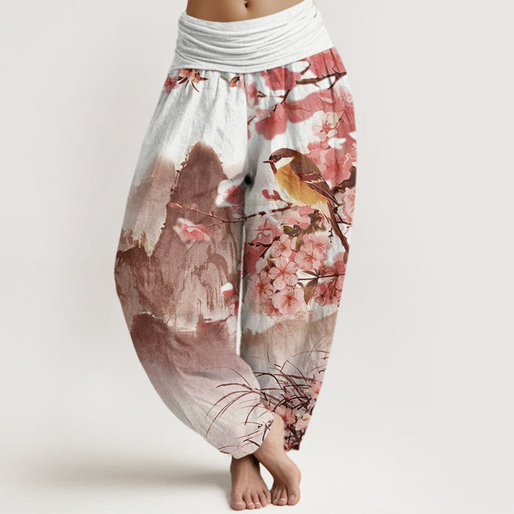 Pantalones harén con cintura elástica para mujer, con estampado de Buddha Stones, pájaros, flores de cerezo y montañas - Coral claro - US22，UK/AU26，EU54 (6XL) - image 8