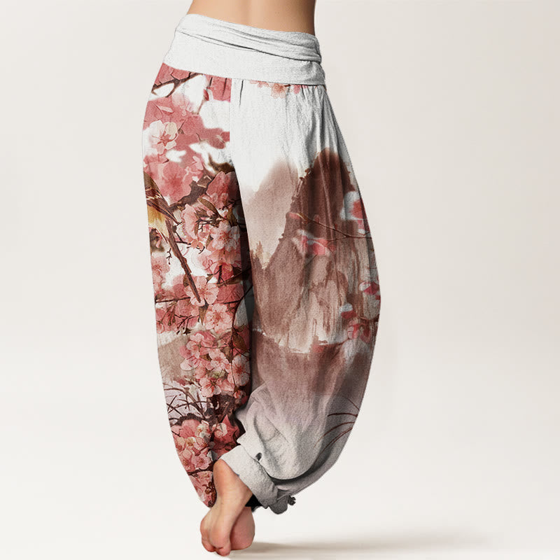Pantalones harén con cintura elástica para mujer, con estampado de Buddha Stones, pájaros, flores de cerezo y montañas - image 8