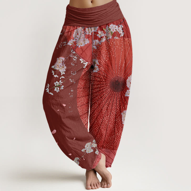 Pantalones harén con cintura elástica para mujer, informales, con diseño de flor de cerezo y paraguas de papel de aceite rojo y Buddha Stones - Marrón - US22，UK/AU26，EU54 (6XL) - image 1
