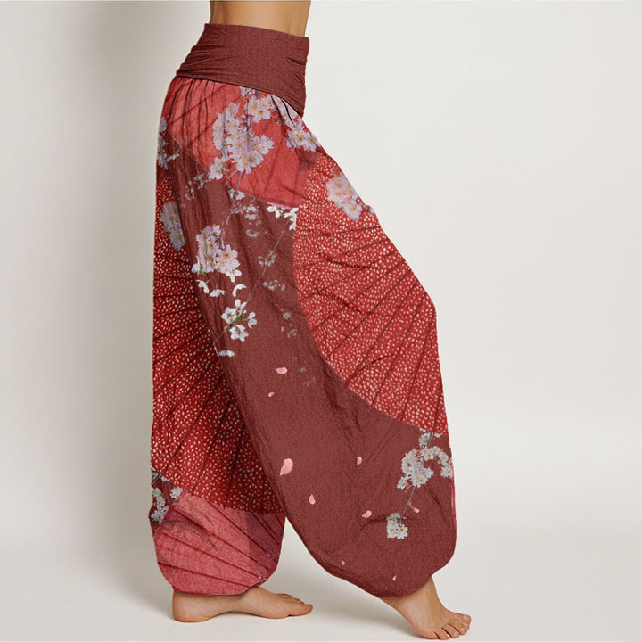 Pantalones harén con cintura elástica para mujer, informales, con diseño de flor de cerezo y paraguas de papel de aceite rojo y Buddha Stones - image 3