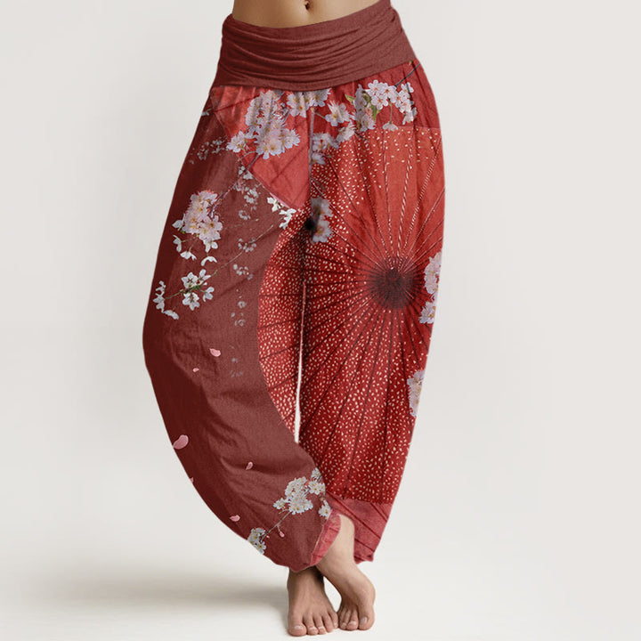 Pantalones harén con cintura elástica para mujer, informales, con diseño de flor de cerezo y paraguas de papel de aceite rojo y Buddha Stones - Marrón - US22，UK/AU26，EU54 (6XL) - image 0