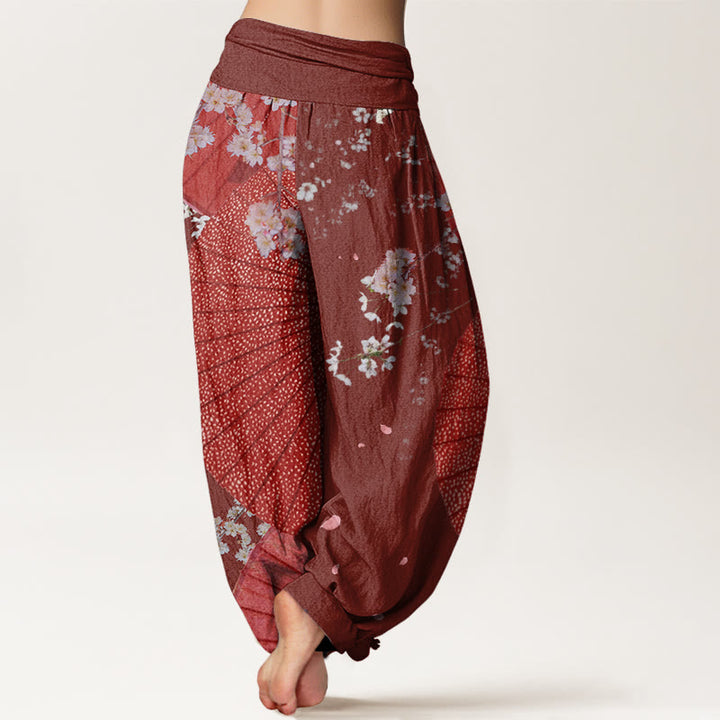 Pantalones harén con cintura elástica para mujer, informales, con diseño de flor de cerezo y paraguas de papel de aceite rojo y Buddha Stones - image 1