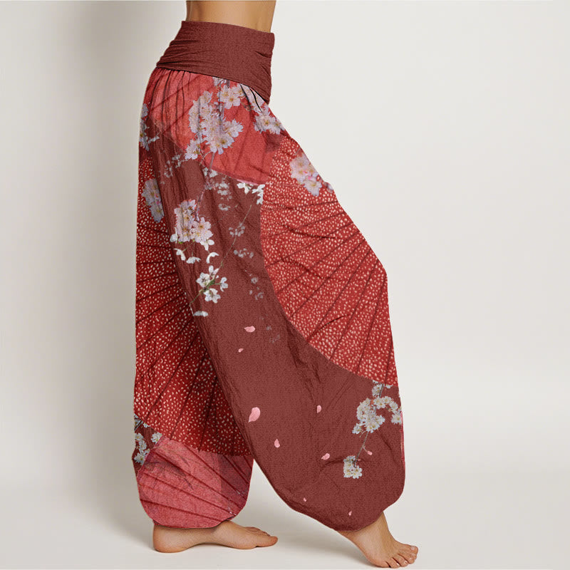 Pantalones harén con cintura elástica para mujer, informales, con diseño de flor de cerezo y paraguas de papel de aceite rojo y Buddha Stones - image 2