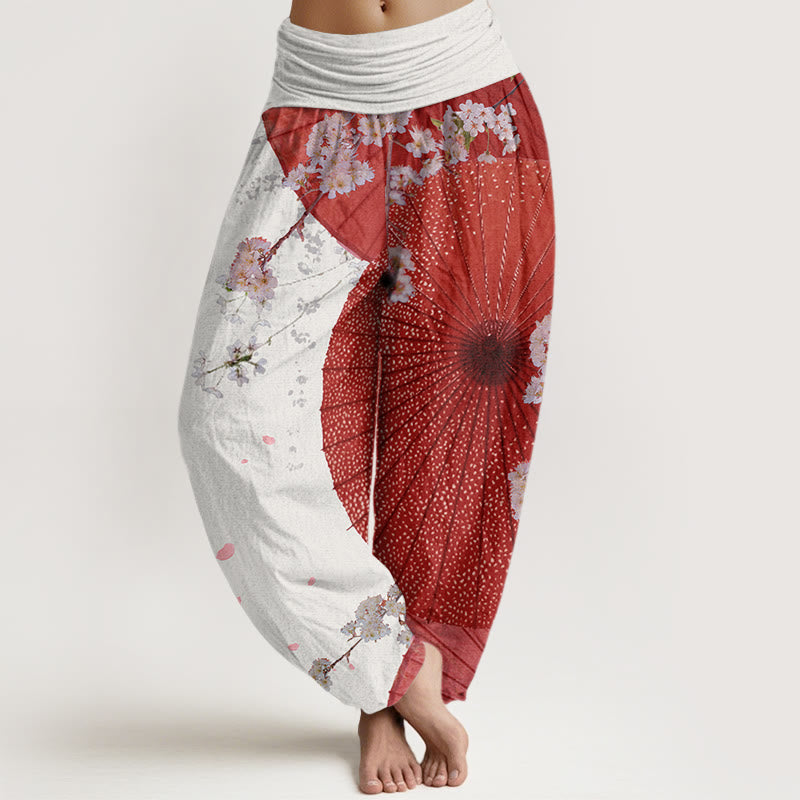 Pantalones harén con cintura elástica para mujer, informales, con diseño de flor de cerezo y paraguas de papel de aceite rojo y Buddha Stones - Fantasma blanco - US22，UK/AU26，EU54 (6XL) - image 5